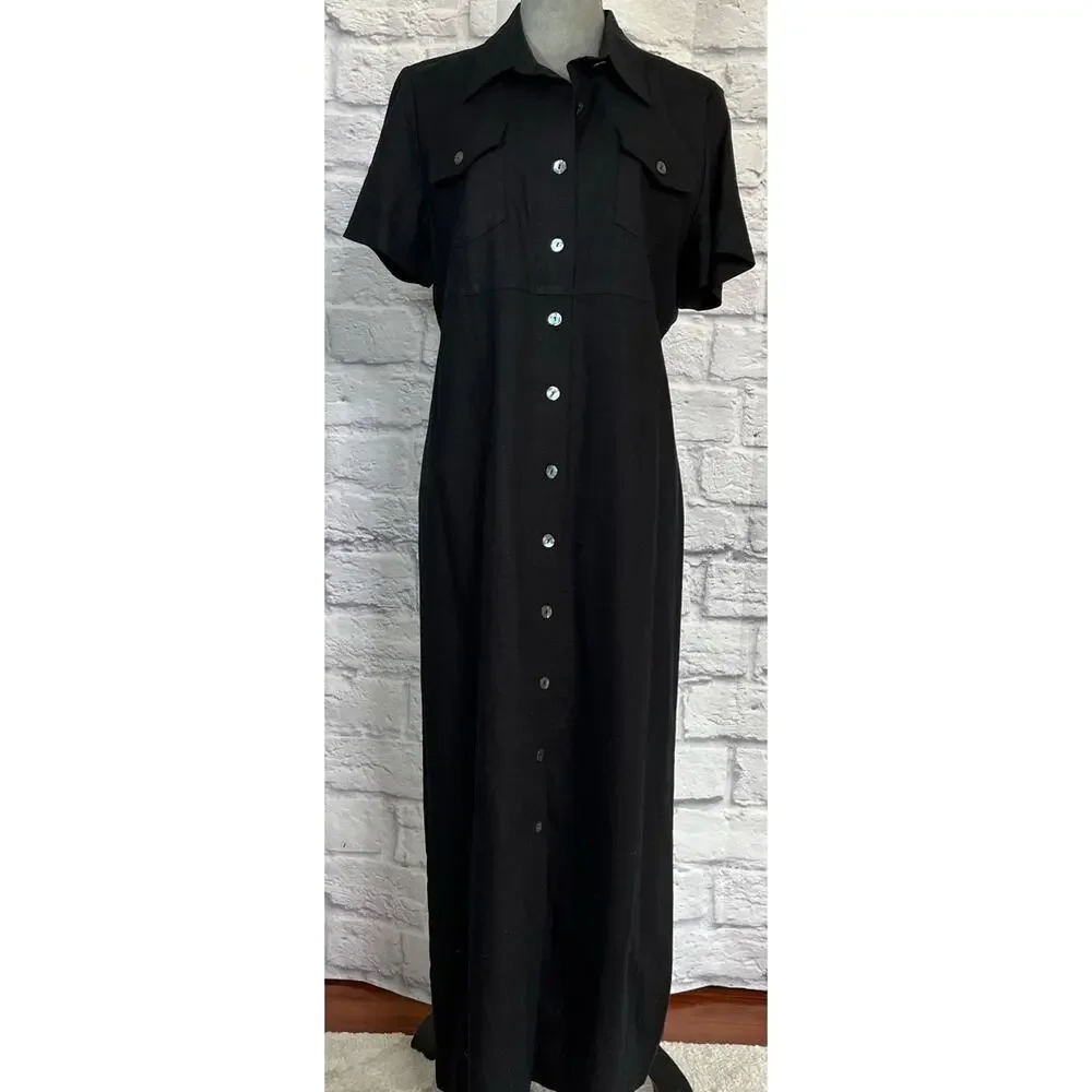 Vintage 90's Carolina Colours Black Linen Blend Front Button Maxi Dress